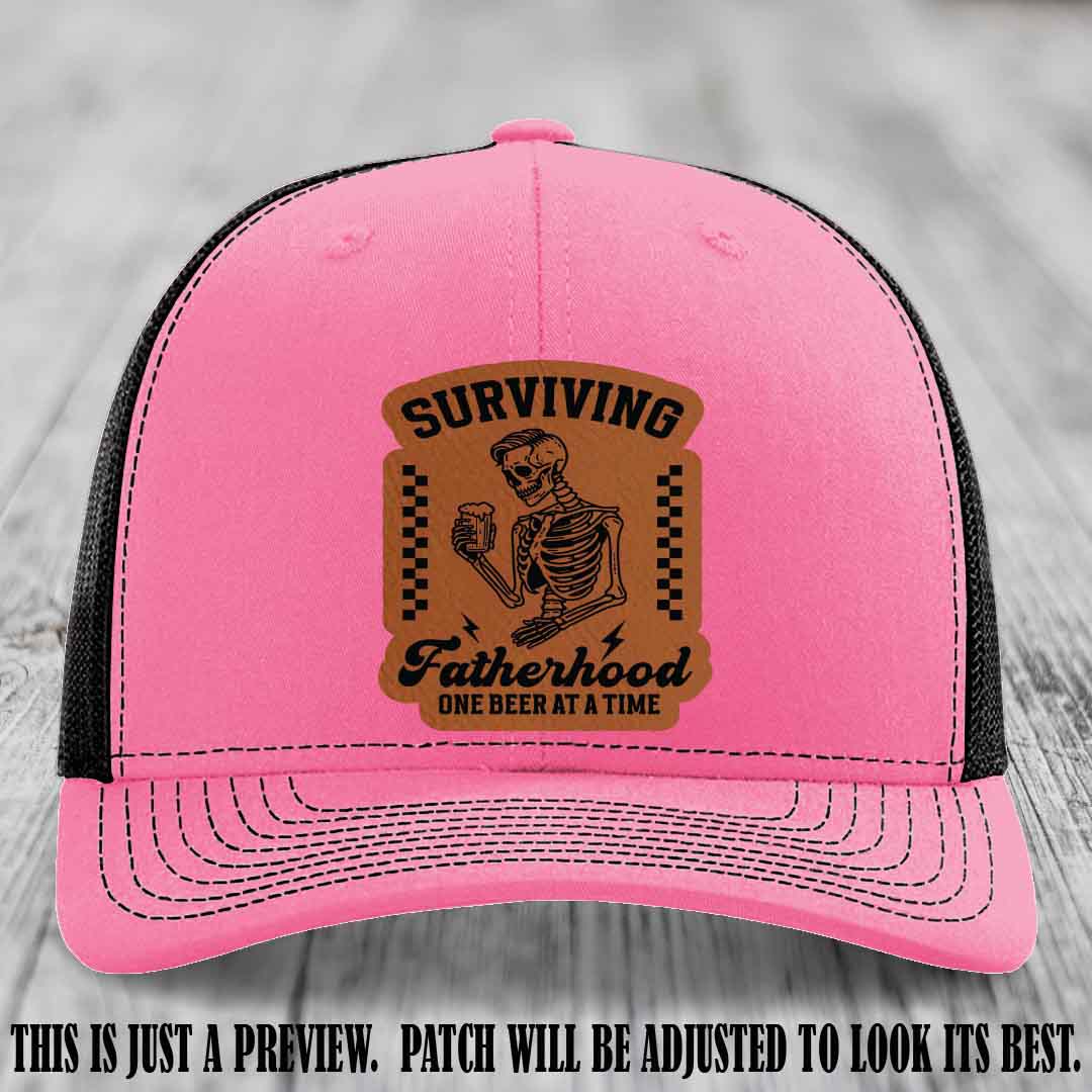 Surviving Fatherhood - Rawhide to Black Patch on Hot Pink to Black Hat, funny dad hat