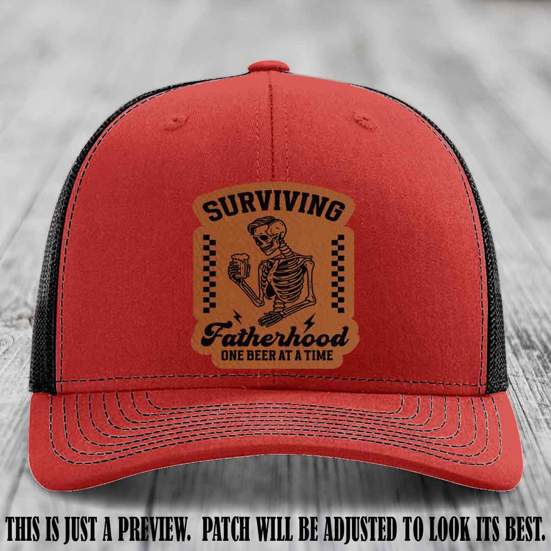 Surviving Fatherhood - Rawhide to Black Patch on Red to Black Hat, funny dad hat