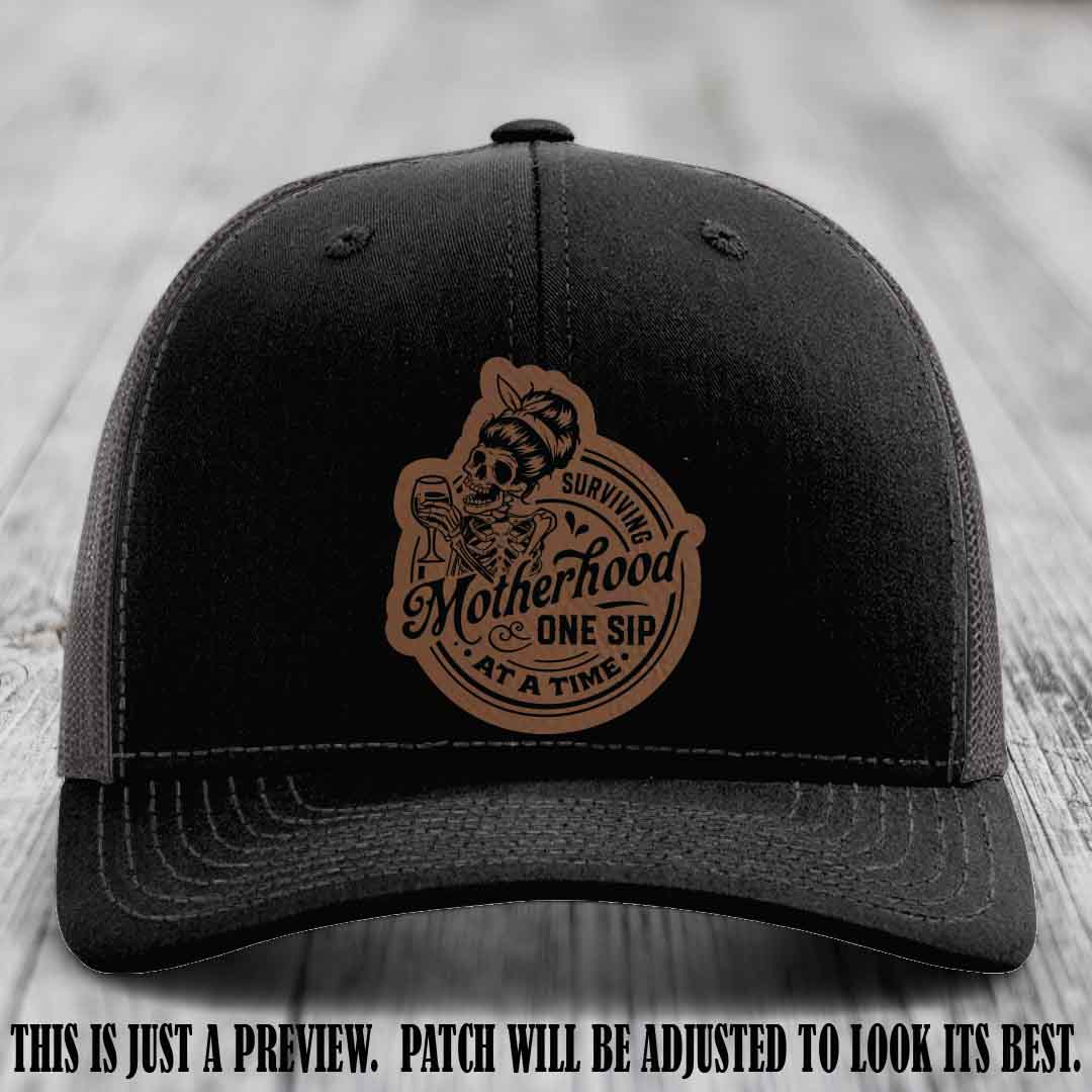 Surviving Motherhood One Sip at a Time Dark Brown to Black Patch on Richardson 112 Hat - Black to Charcoal Hat