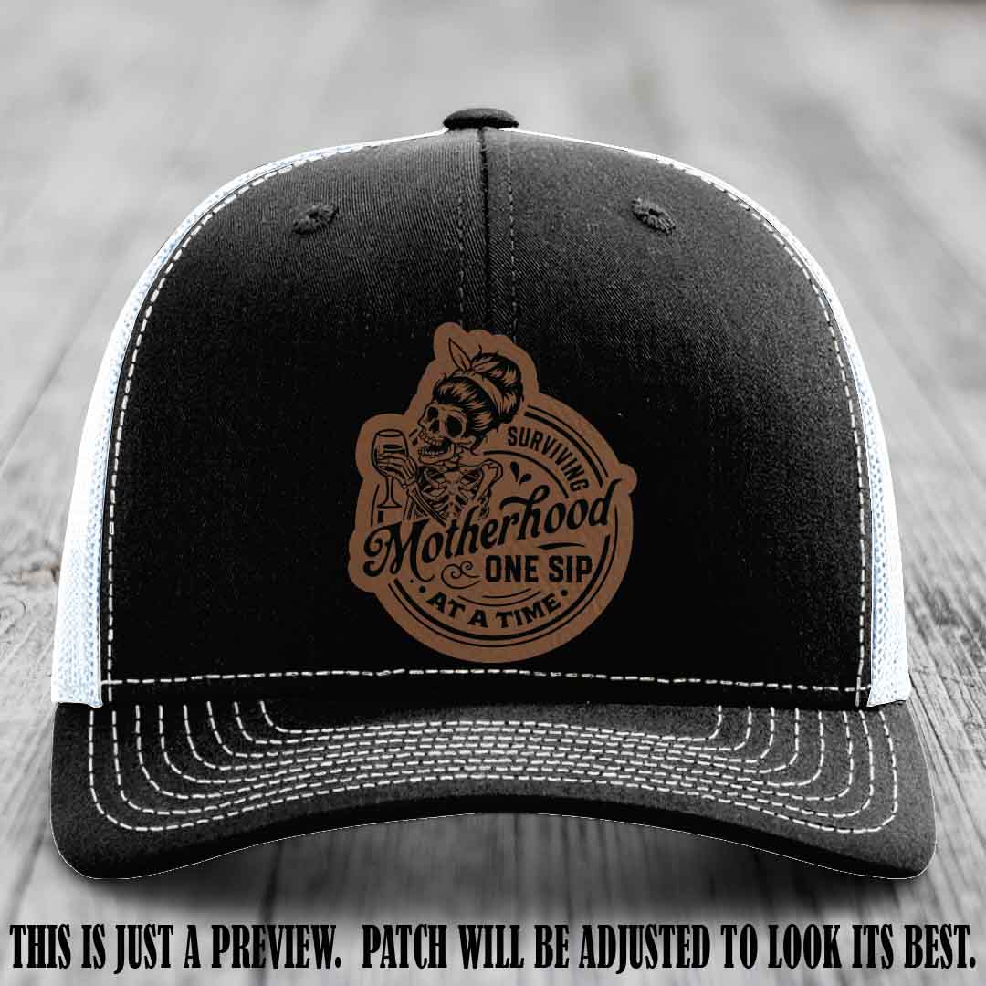 Surviving Motherhood One Sip at a Time Dark Brown to Black Patch on Richardson 112 Hat - Black to White Hat