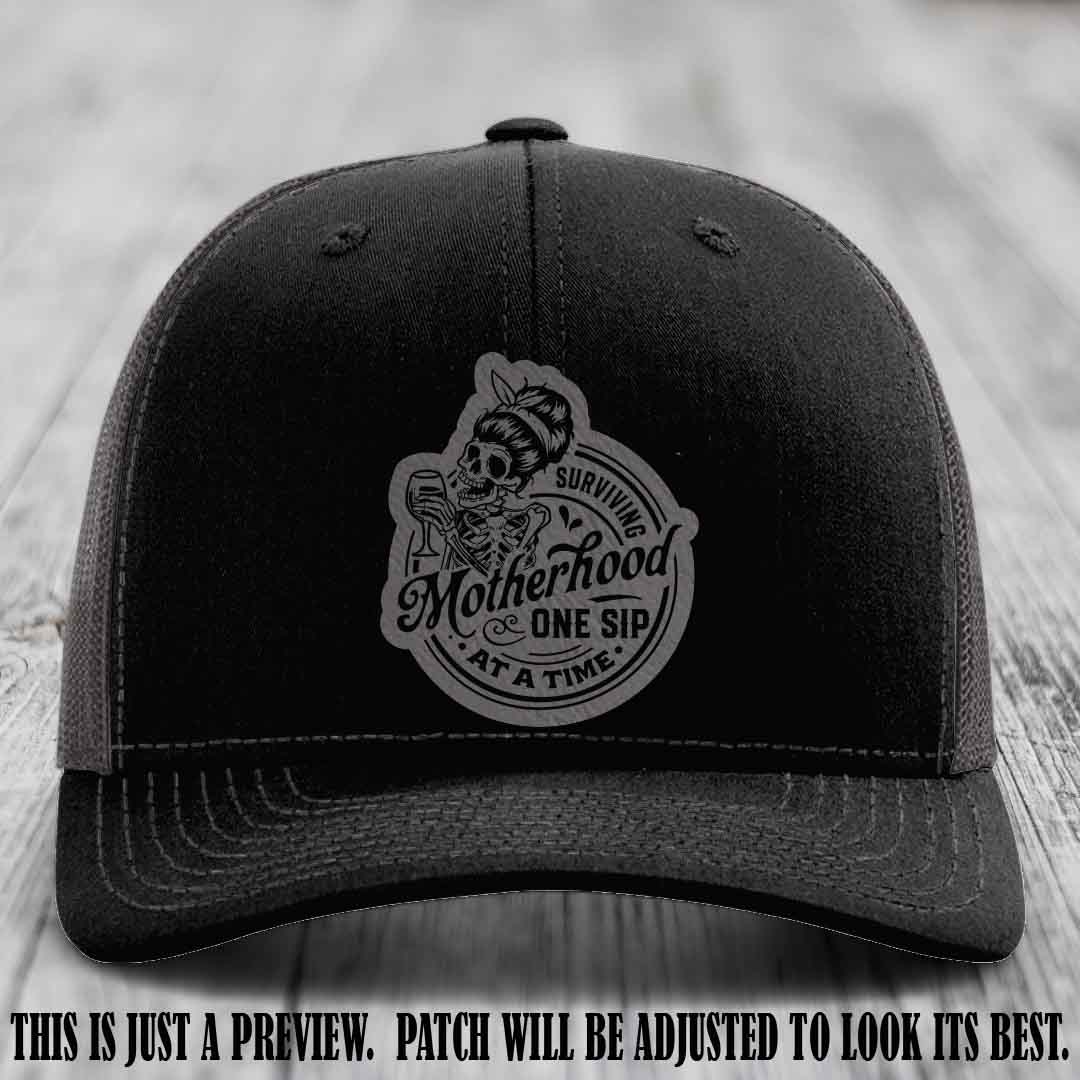 Surviving Motherhood One Sip at a Time Grey to Black Patch on Richardson 112 Hat - Black to Charcoal Hat