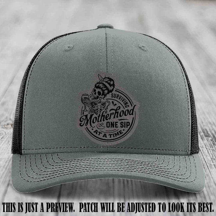 Surviving Motherhood One Sip at a Time Grey to Black Patch on Richardson 112 Hat - Heather Grey to Black Hat