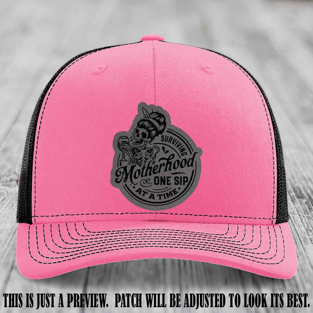 Surviving Motherhood One Sip at a Time Grey to Black Patch on Richardson 112 Hat - Hot Pink to Black Hat