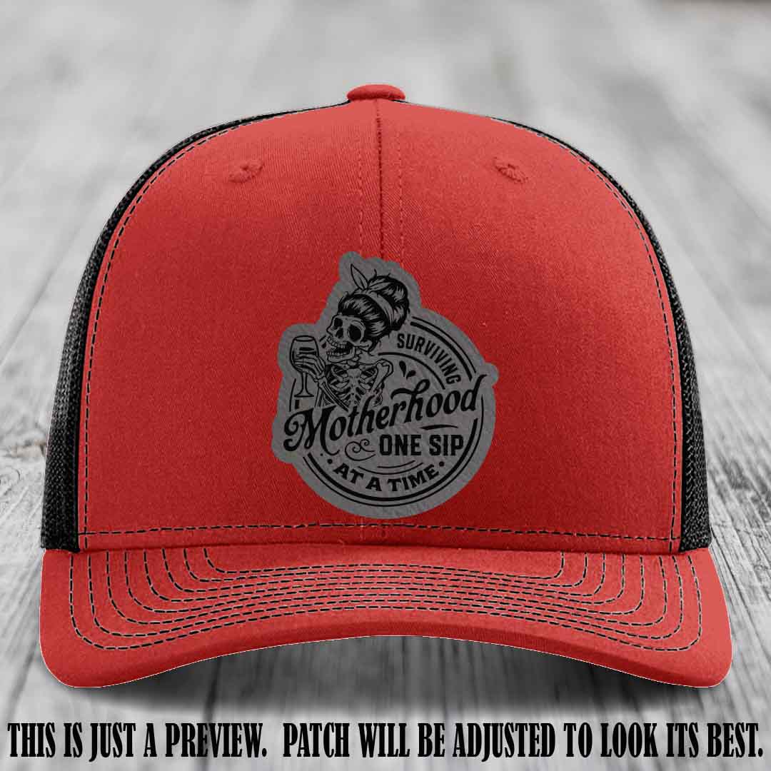 Surviving Motherhood One Sip at a Time Grey to Black Patch on Richardson 112 Hat - Red to Black Hat