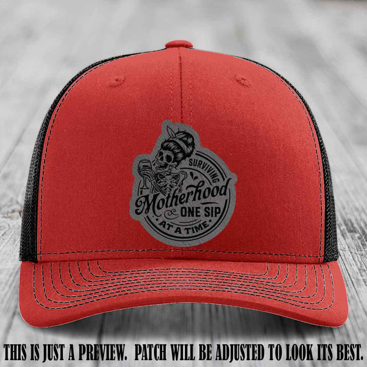 Surviving Motherhood One Sip at a Time Grey to Black Patch on Richardson 112 Hat - Red to Black Hat