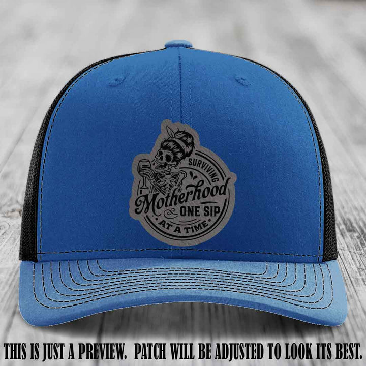 Surviving Motherhood One Sip at a Time Grey to Black Patch on Richardson 112 Hat - Royal to Black Hat