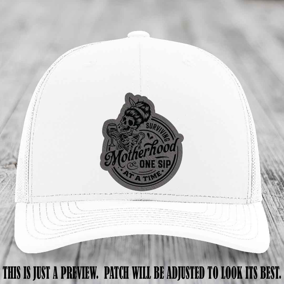Surviving Motherhood One Sip at a Time Grey to Black Patch on Richardson 112 Hat - White Hat