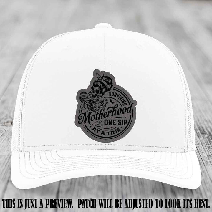 Surviving Motherhood One Sip at a Time Grey to Black Patch on Richardson 112 Hat - White Hat