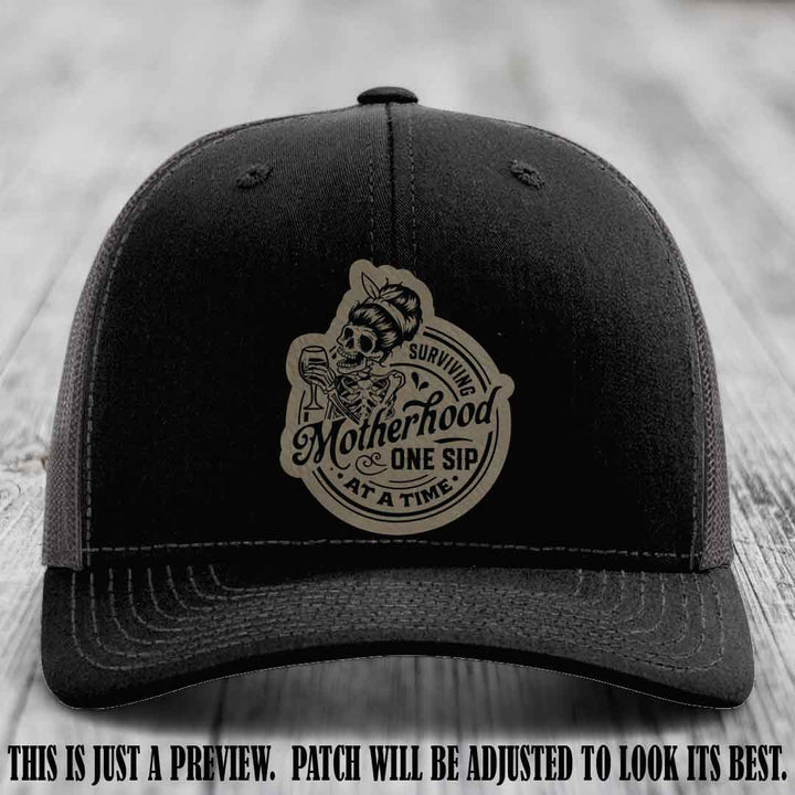 Surviving Motherhood One Sip at a Time Light Brown to Black Patch on Richardson 112 Hat - Black to Charcoal Hat