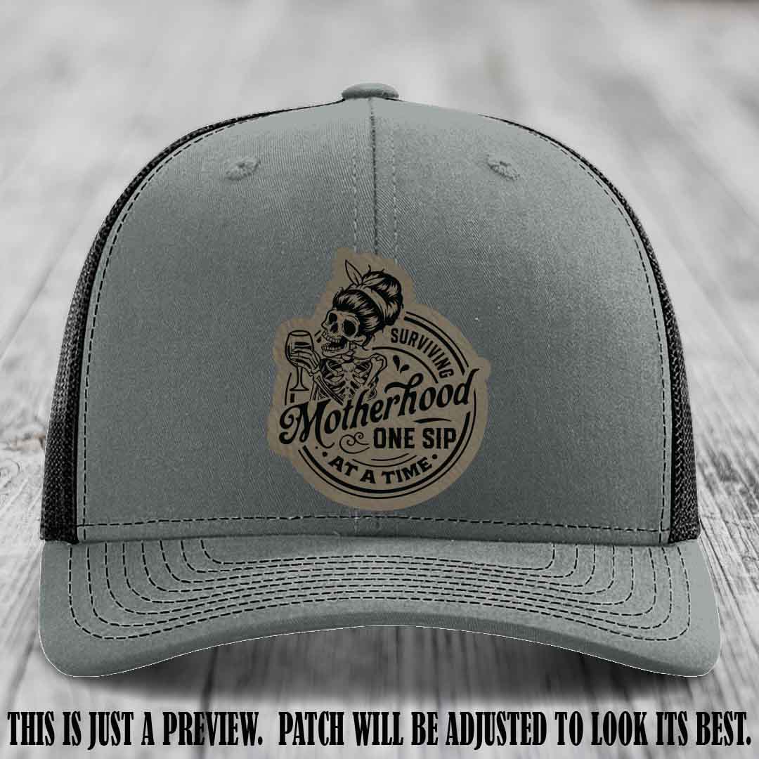 Surviving Motherhood One Sip at a Time Light Brown to Black Patch on Richardson 112 Hat - Heather Grey to Black Hat