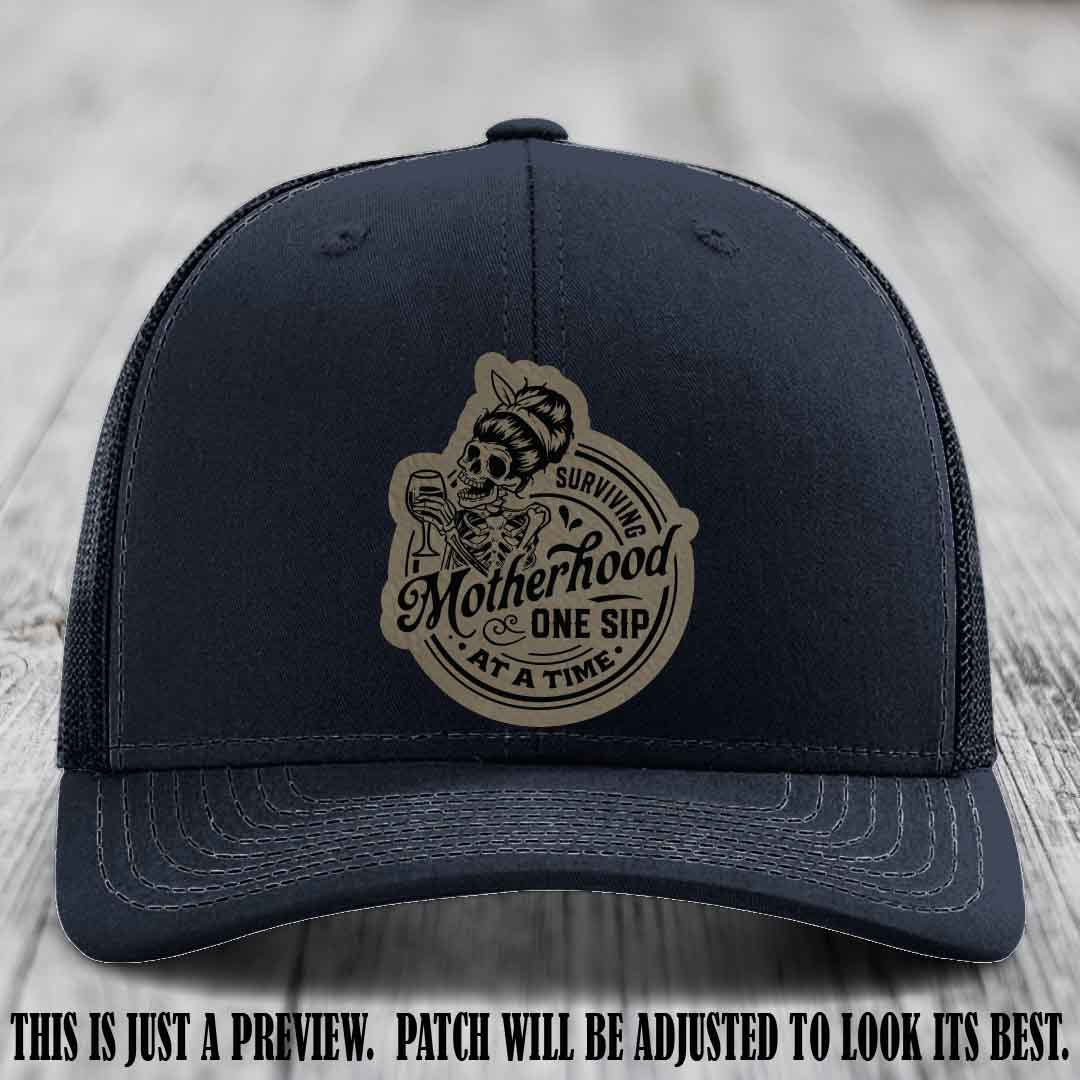 Surviving Motherhood One Sip at a Time Light Brown to Black Patch on Richardson 112 Hat - Navy Hat