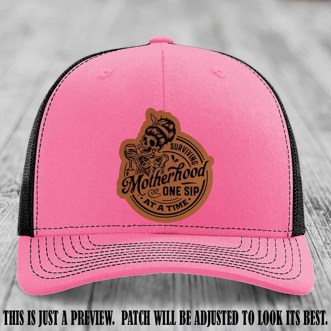 Surviving Motherhood One Sip at a Time Rawhide to Black Patch on Richardson 112 Hat - Hot Pink to Black Hat
