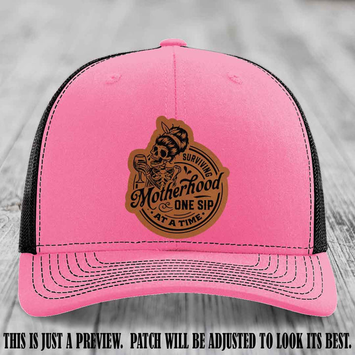Surviving Motherhood One Sip at a Time Rawhide to Black Patch on Richardson 112 Hat - Hot Pink to Black Hat