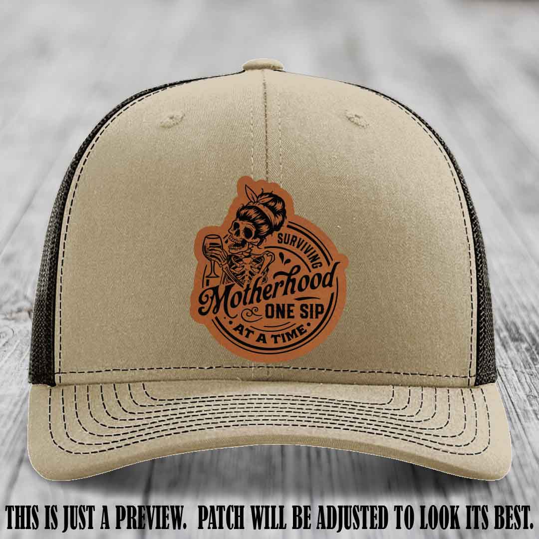 Surviving Motherhood One Sip at a Time Rawhide to Black Patch on Richardson 112 Hat - Khaki to Coffee Hat