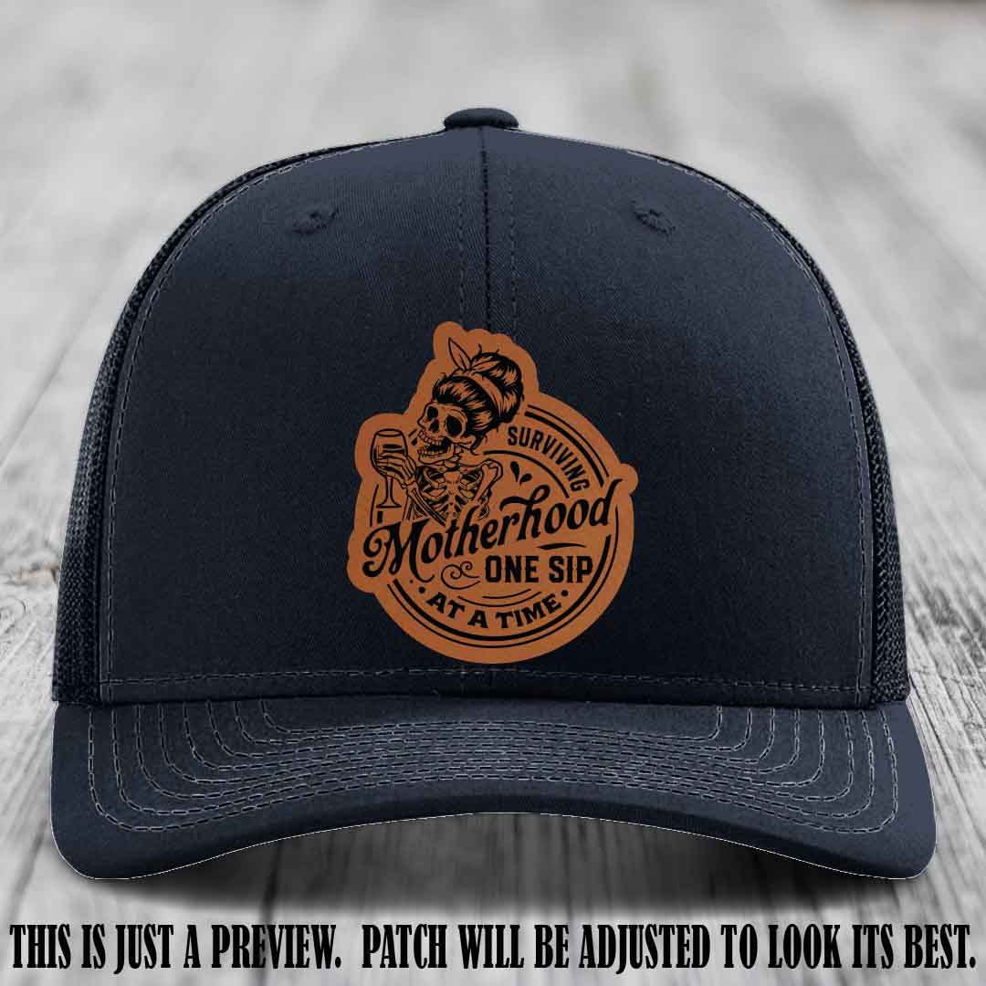 Surviving Motherhood One Sip at a Time Rawhide to Black Patch on Richardson 112 Hat - Navy Hat