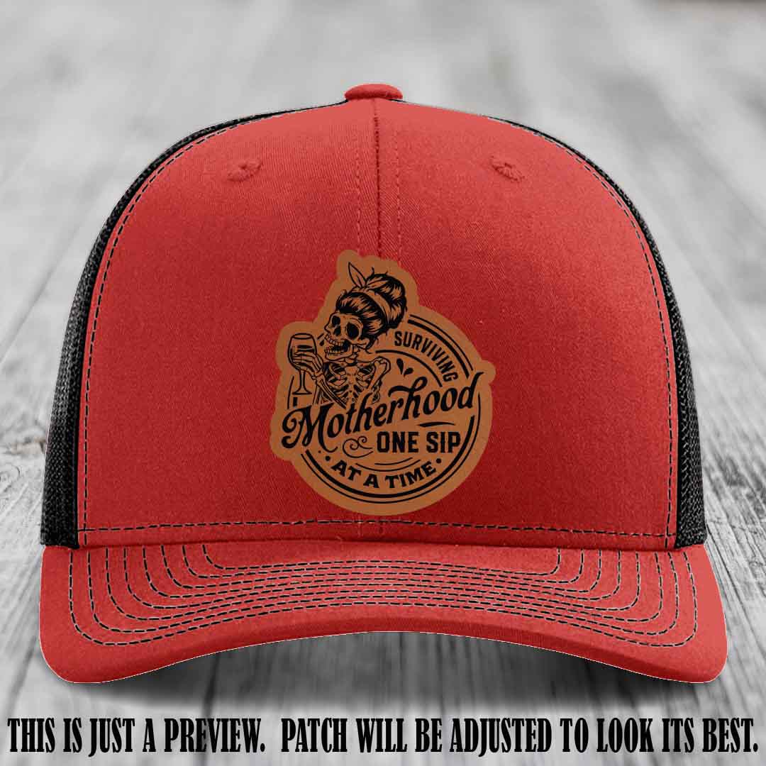 Surviving Motherhood One Sip at a Time Rawhide to Black Patch on Richardson 112 Hat - Red to Black Hat