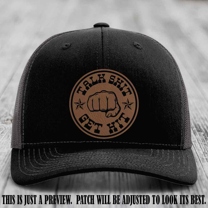 Talk Shit Get Hit Dark Brown to Black Patch on Black to Charcoal Hat Richardson 112 Hat