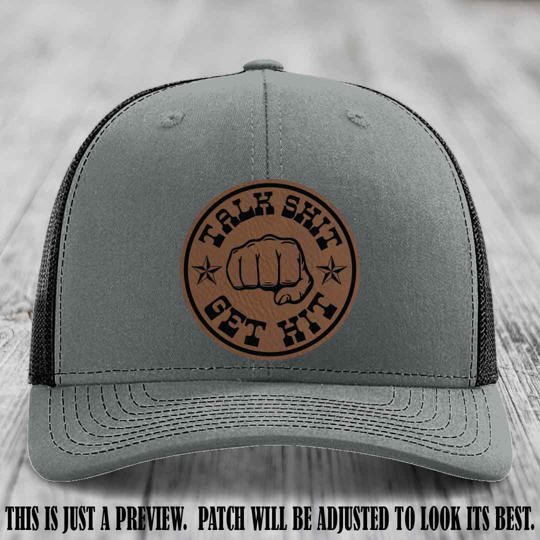 Talk Shit Get Hit Dark Brown to Black Patch on Heather Grey to Black Hat Richardson 112 Hat