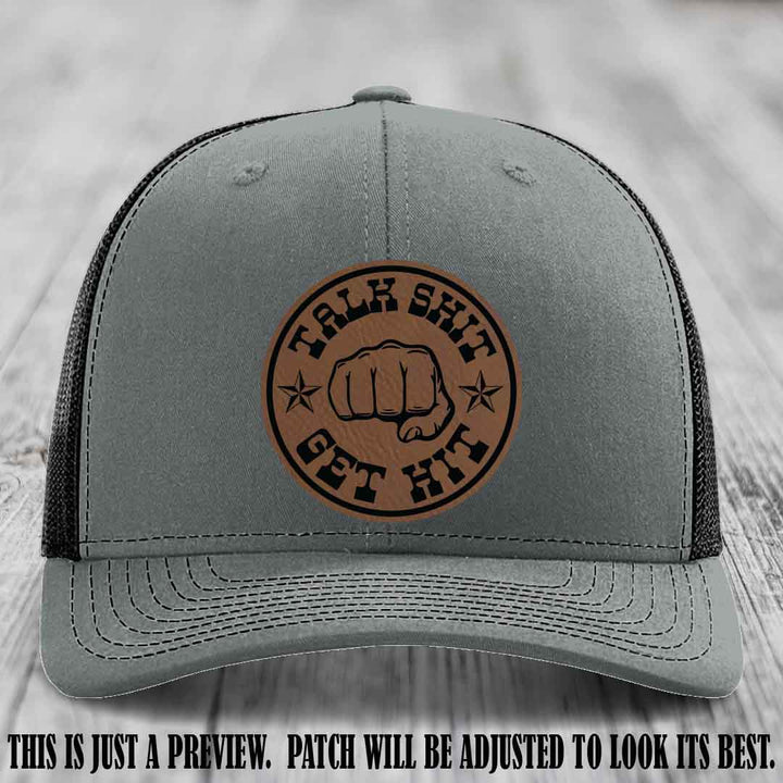 Talk Shit Get Hit Dark Brown to Black Patch on Heather Grey to Black Hat Richardson 112 Hat