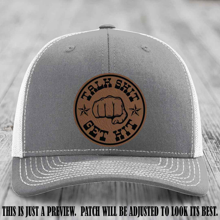Talk Shit Get Hit Dark Brown to Black Patch on Heather Grey to White Hat Richardson 112 Hat