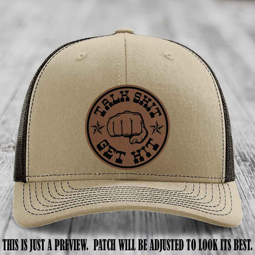 Talk Shit Get Hit Dark Brown to Black Patch on Khaki to Coffee Hat Richardson 112 Hat