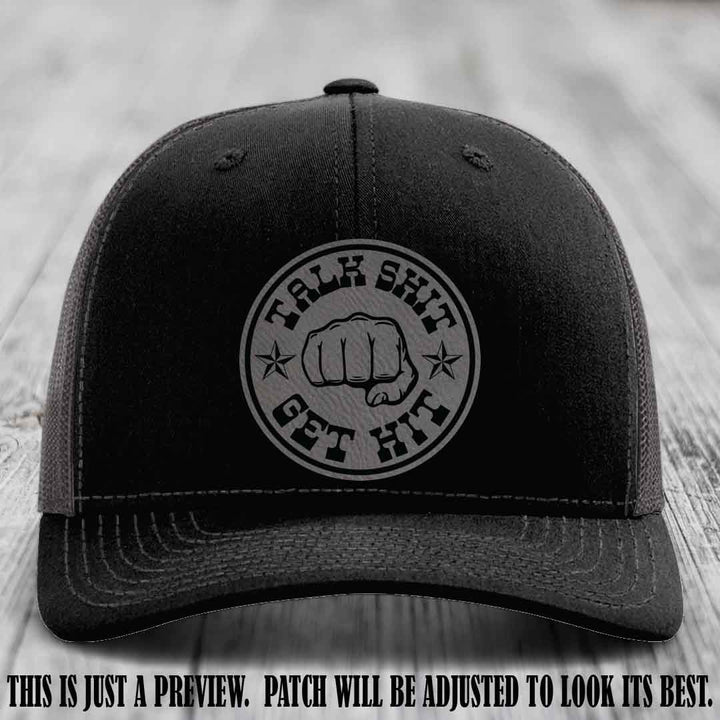 Talk Shit Get Hit Grey to Black Patch on Black to Charcoal Hat Richardson 112 Hat