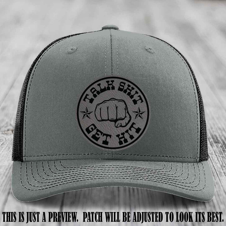 Talk Shit Get Hit Grey to Black Patch on Heather Grey to Black Hat Richardson 112 Hat