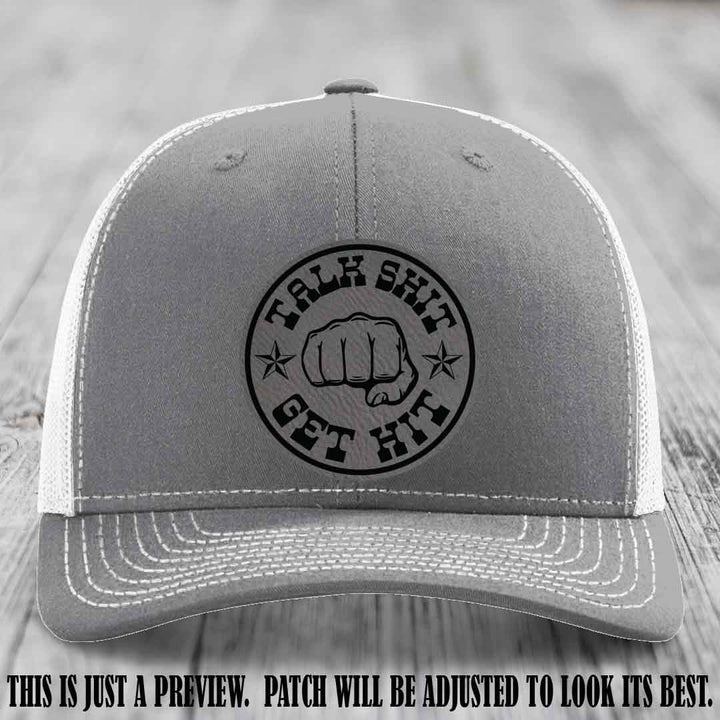 Talk Shit Get Hit Grey to Black Patch on Heather Grey to White Hat Richardson 112 Hat