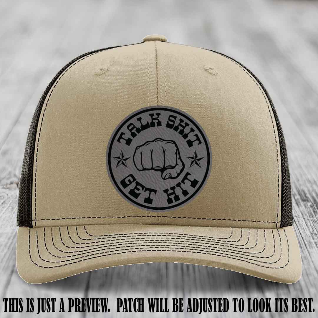 Talk Shit Get Hit Grey to Black Patch on Khaki to Coffee Hat Richardson 112 Hat