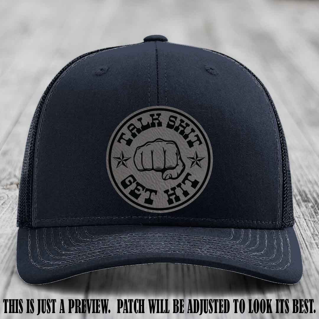 Talk Shit Get Hit Grey to Black Patch on Navy Hat Richardson 112 Hat