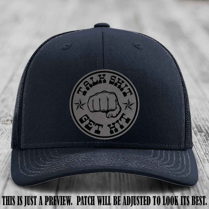 Talk Shit Get Hit Grey to Black Patch on Navy Hat Richardson 112 Hat