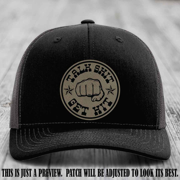 Talk Shit Get Hit Light Brown to Black Patch on Black to Charcoal Hat Richardson 112 Hat
