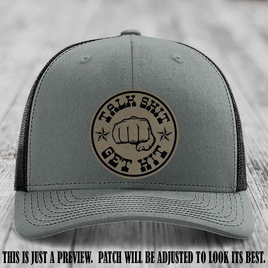 Talk Shit Get Hit Light Brown to Black Patch on Heather Grey to Black Hat Richardson 112 Hat