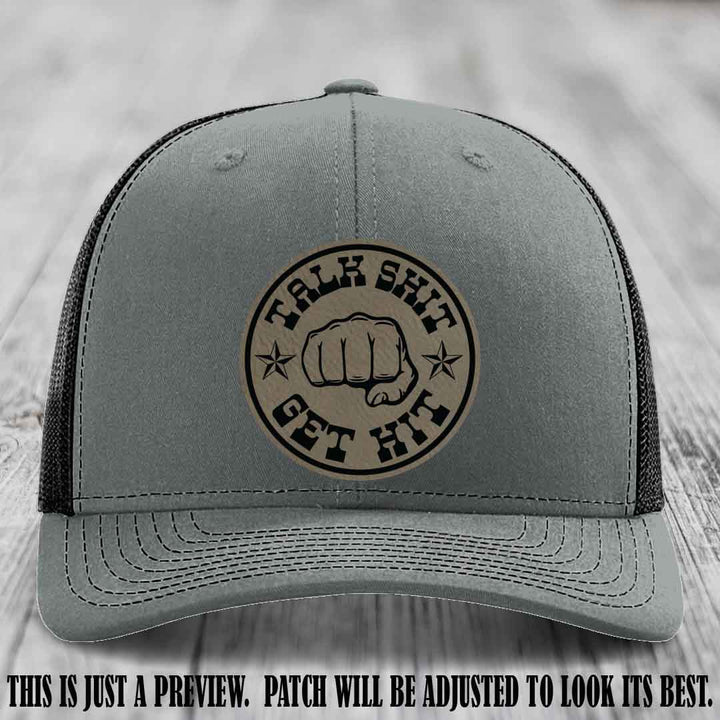 Talk Shit Get Hit Light Brown to Black Patch on Heather Grey to Black Hat Richardson 112 Hat