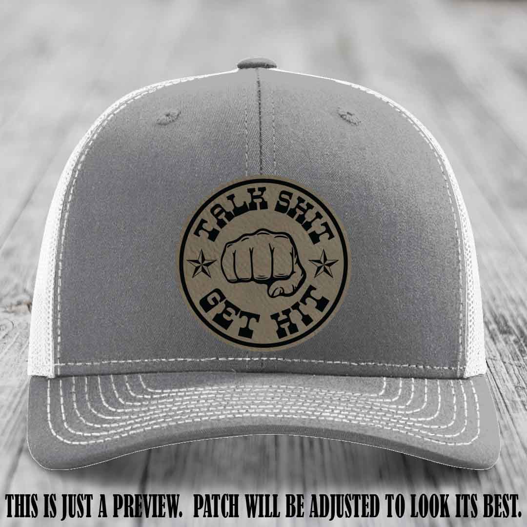 Talk Shit Get Hit Light Brown to Black Patch on Heather Grey to White Hat Richardson 112 Hat