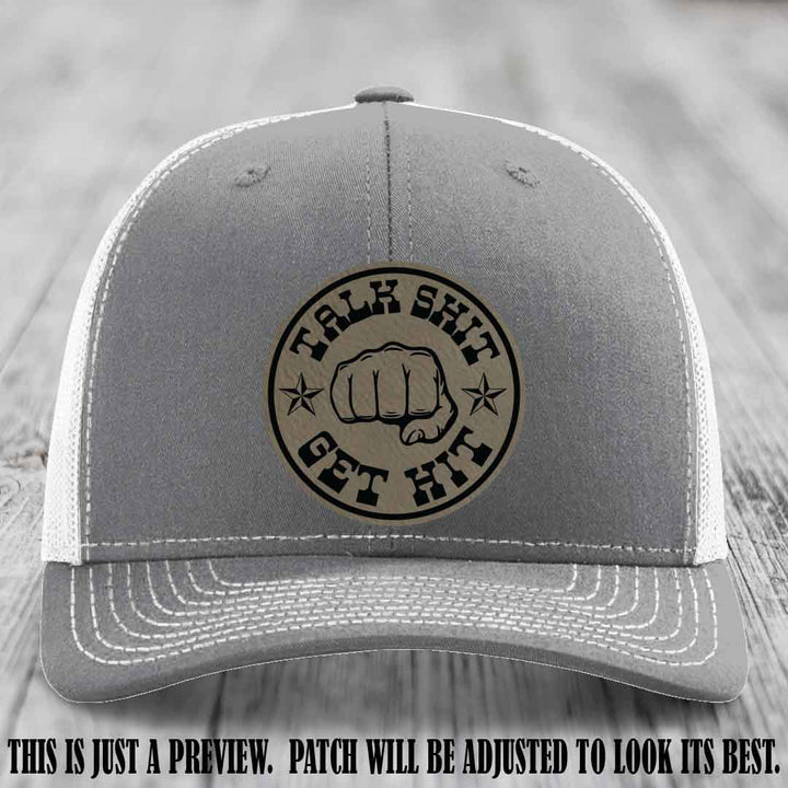 Talk Shit Get Hit Light Brown to Black Patch on Heather Grey to White Hat Richardson 112 Hat
