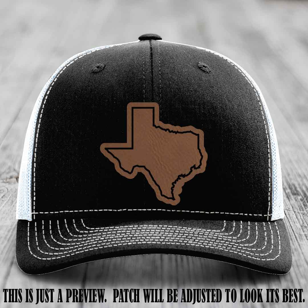 Texas Borderline Sass Dark Brown to Black Patch on Black to White Hat - Richardson 112 custom leather patch hat