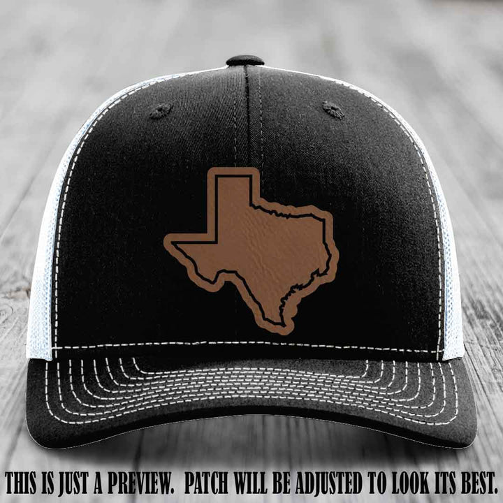 Texas Borderline Sass Dark Brown to Black Patch on Black to White Hat - Richardson 112 custom leather patch hat