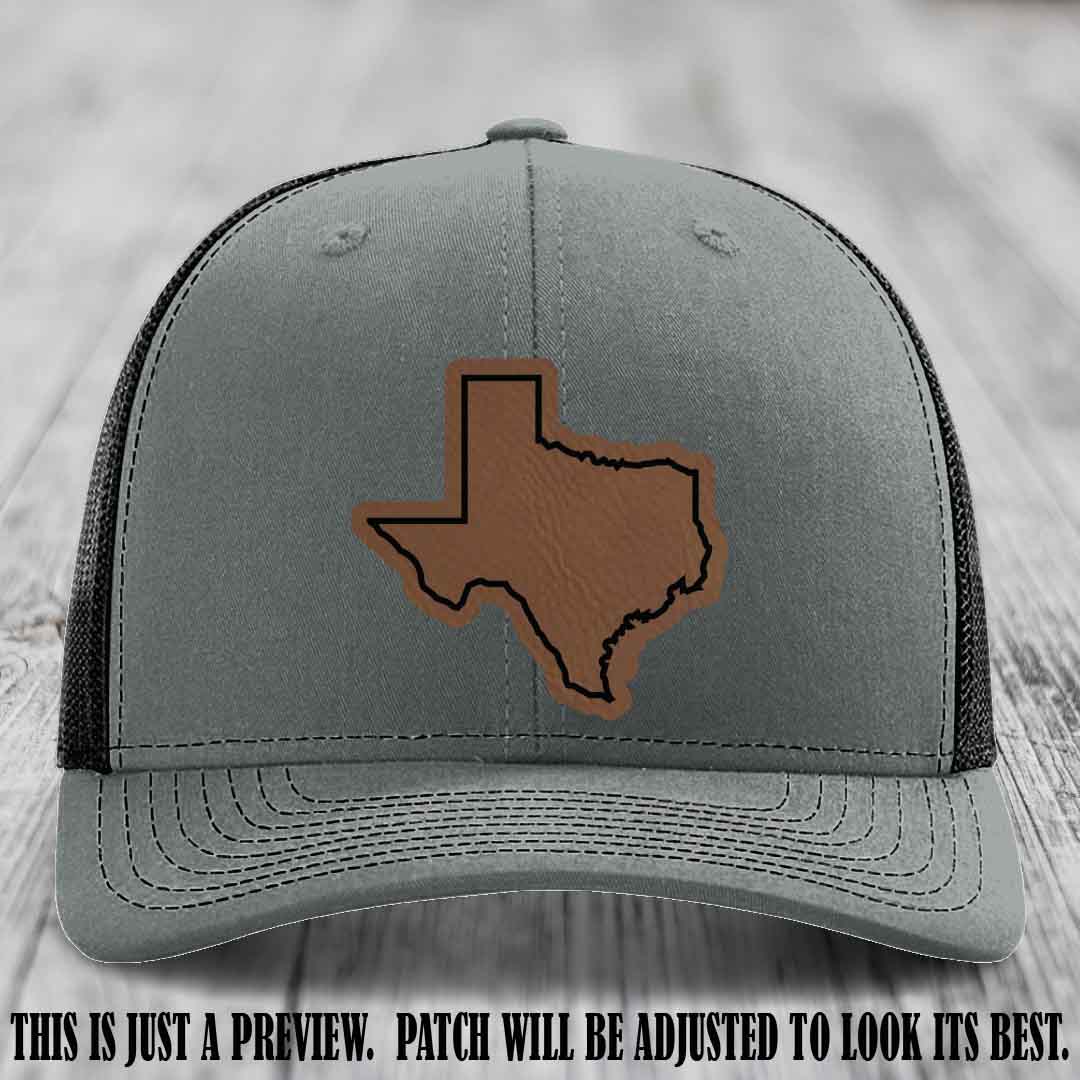 Texas Borderline Sass Dark Brown to Black Patch on Heather Grey to Black Hat - Richardson 112 custom leather patch hat
