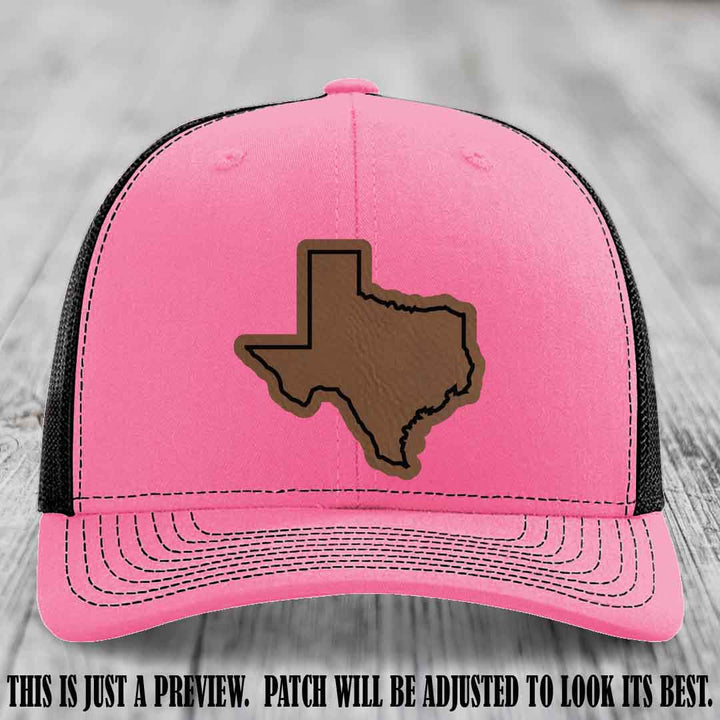 Texas Borderline Sass Dark Brown to Black Patch on Hot Pink to Black Hat - Richardson 112 custom leather patch hat