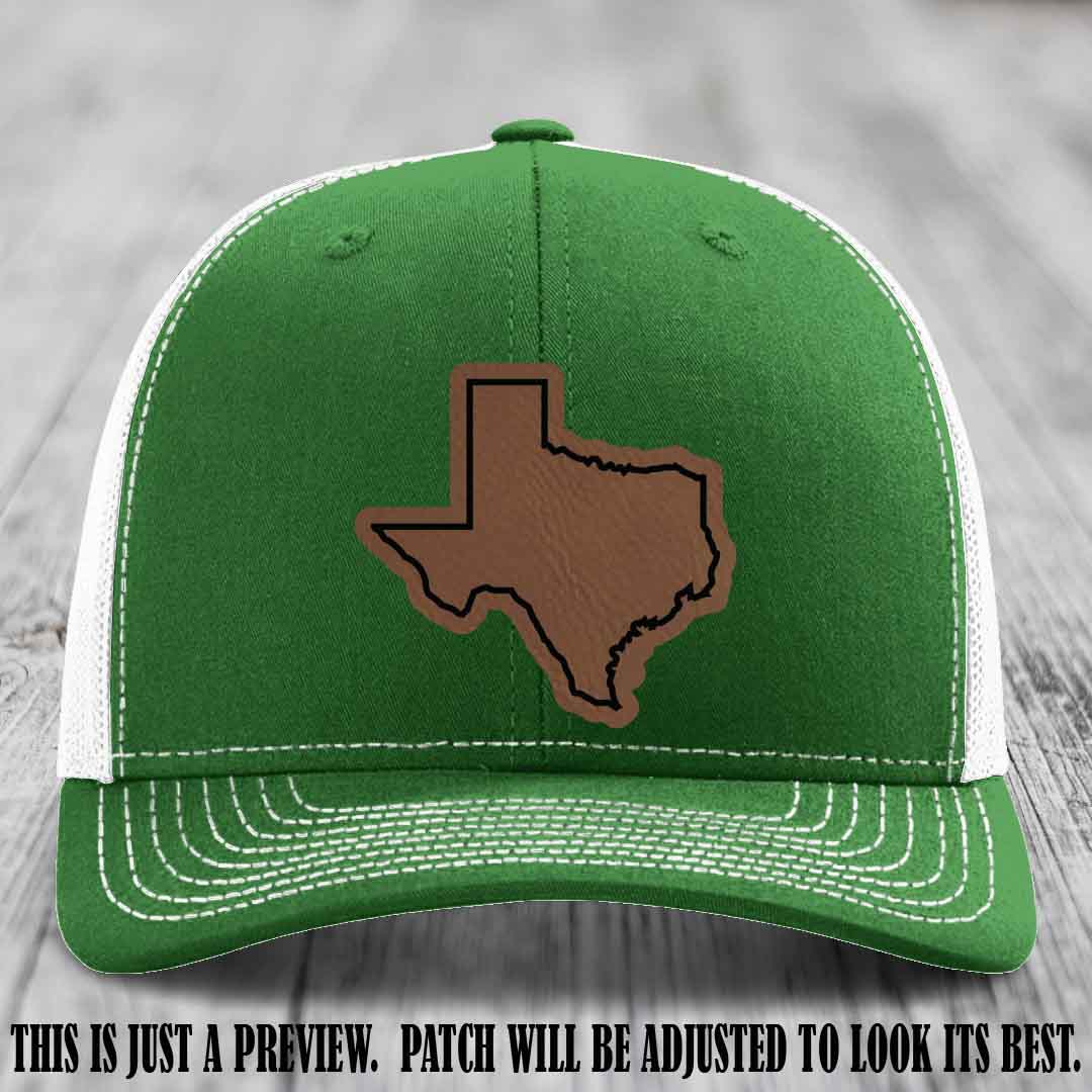 Texas Borderline Sass Dark Brown to Black Patch on Kelly to White Hat - Richardson 112 custom leather patch hat
