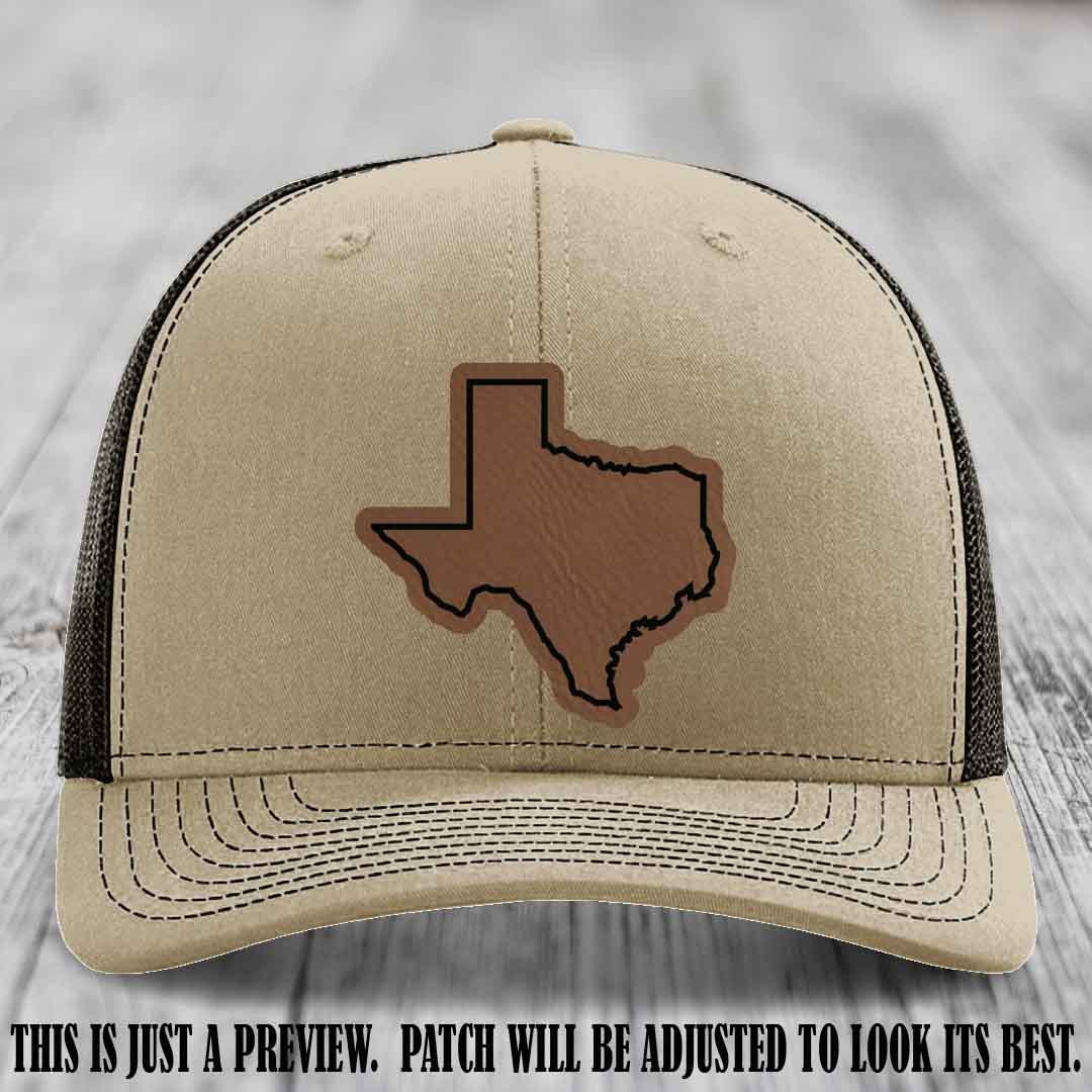 Texas Borderline Sass Dark Brown to Black Patch on Khaki to Coffee Hat - Richardson 112 custom leather patch hat