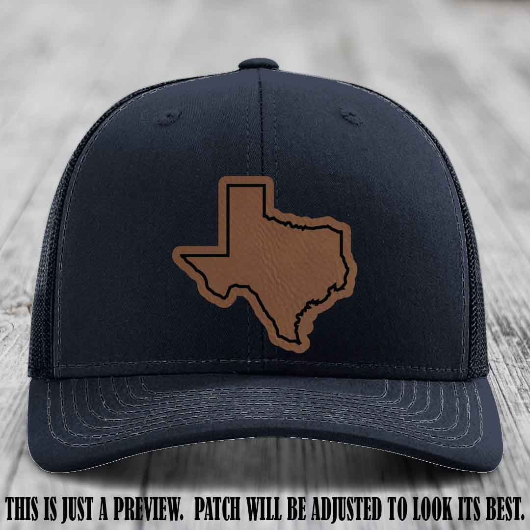 Texas Borderline Sass Dark Brown to Black Patch on Navy Hat - Richardson 112 custom leather patch hat