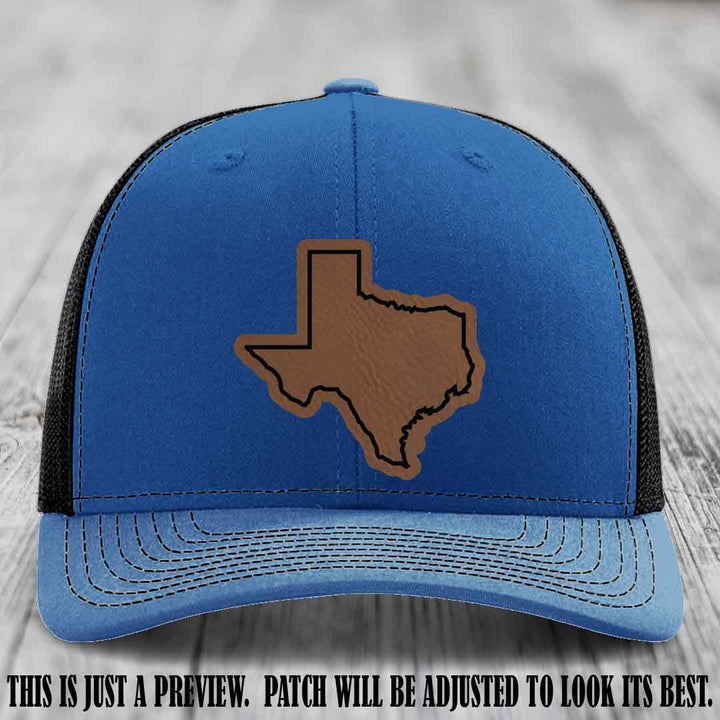 Texas Borderline Sass Dark Brown to Black Patch on Royal to Black Hat - Richardson 112 custom leather patch hat