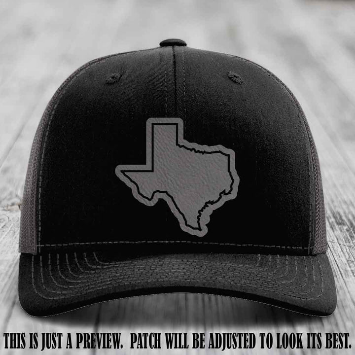 Texas Borderline Sass Grey to Black Patch on Black to Charcoal Hat - Richardson 112 custom leather patch hat