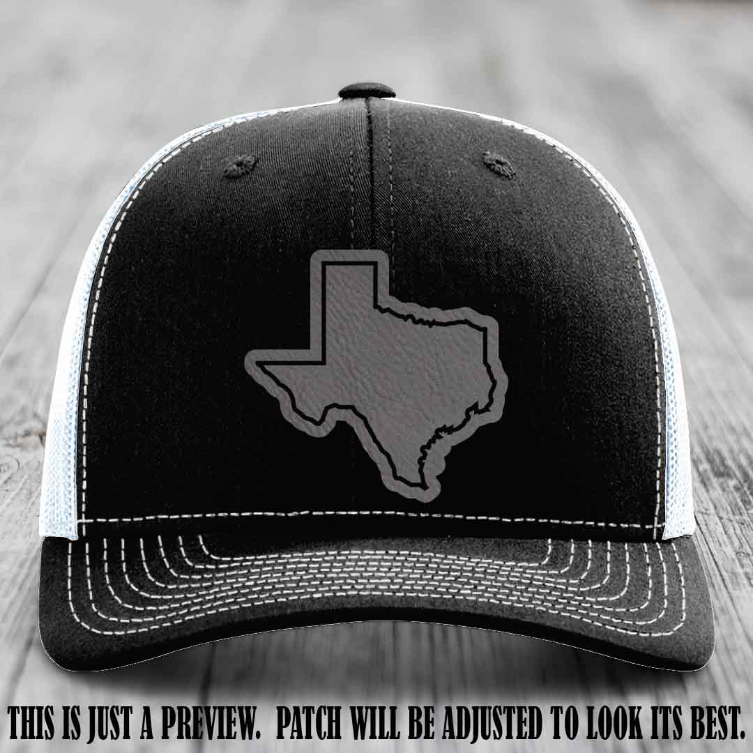 Texas Borderline Sass Grey to Black Patch on Black to White Hat - Richardson 112 custom leather patch hat