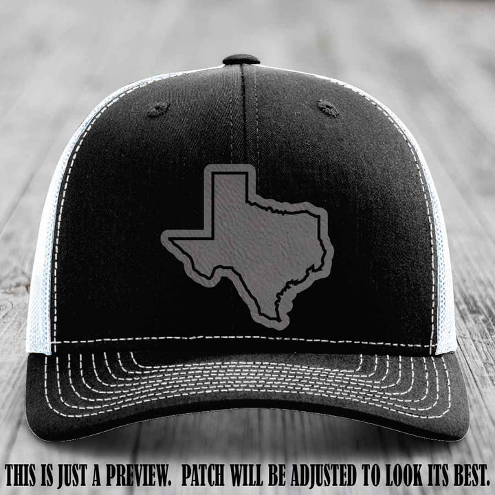 Texas Borderline Sass Grey to Black Patch on Black to White Hat - Richardson 112 custom leather patch hat
