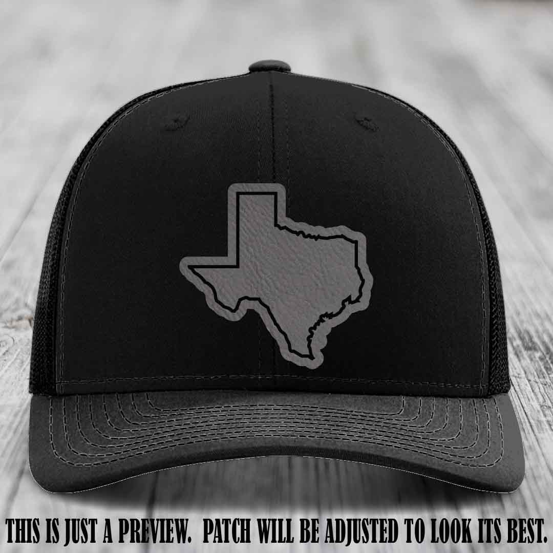 Texas Borderline Sass Grey to Black Patch on Black Hat - Richardson 112 custom leather patch hat