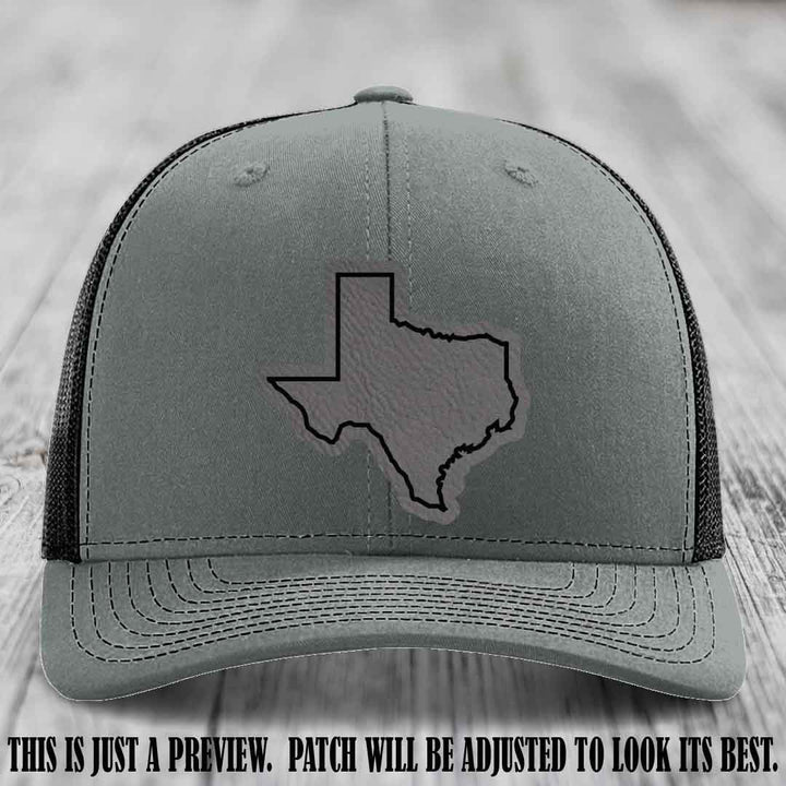 Texas Borderline Sass Grey to Black Patch on Heather Grey to Black Hat - Richardson 112 custom leather patch hat