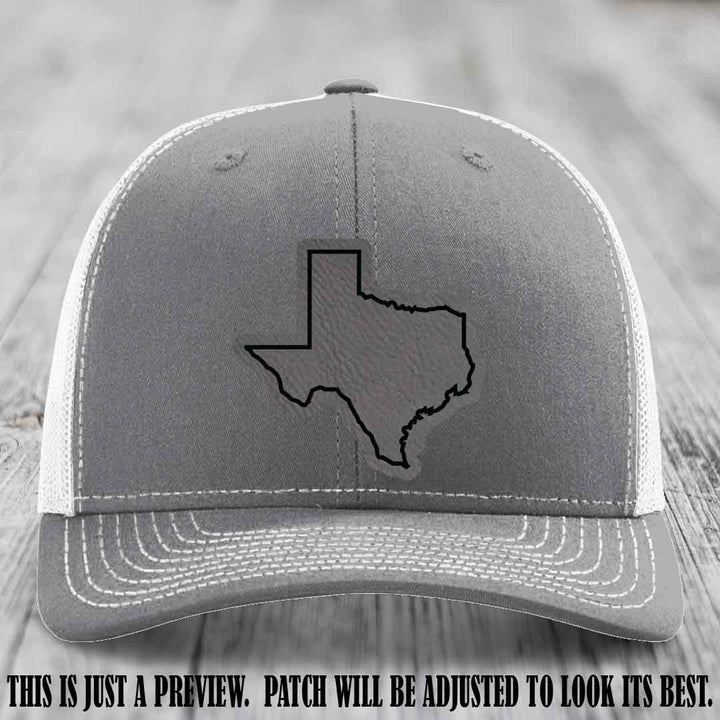 Texas Borderline Sass Grey to Black Patch on Heather Grey to White Hat - Richardson 112 custom leather patch hat